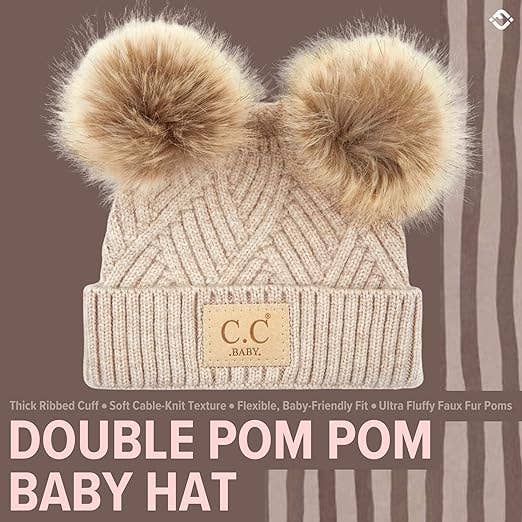 C.C Baby Double Pom Beanie (Diagonal Basketweave/Beige)