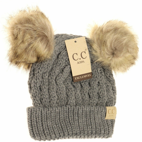 Kids' Cable Knit Double Fur Pom Beanie