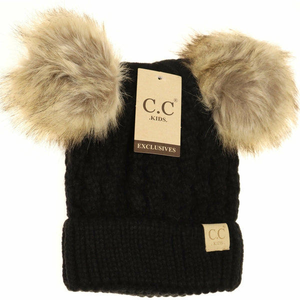 Kids' Cable Knit Double Fur Pom Beanie