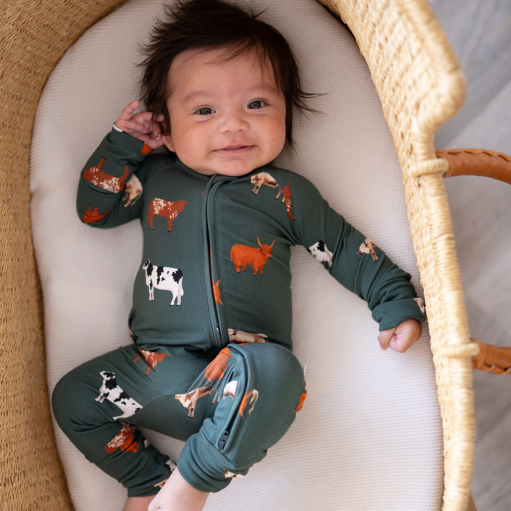 Bamboo Zip Convertible Romper – Green Cow Baby Pajamas