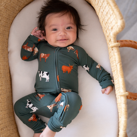 Bamboo Zip Convertible Romper – Green Cow Baby Pajamas