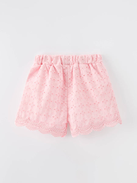 Eyelet Girls Shorts Elastic Waist Scallop Hem- Pink