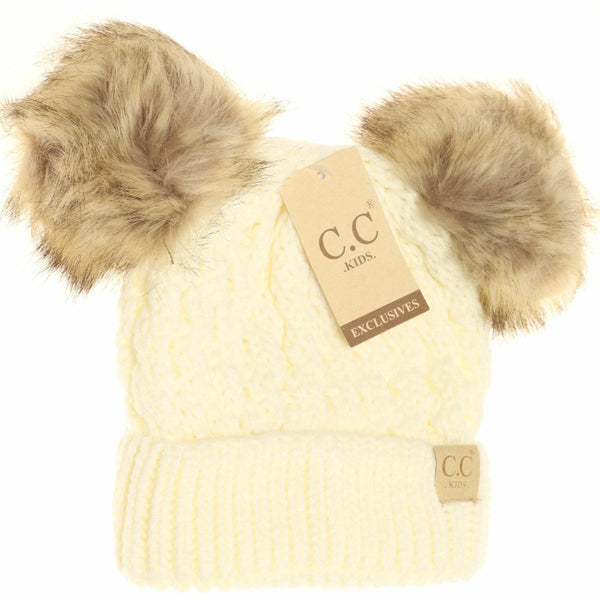 Kids' Cable Knit Double Fur Pom Beanie