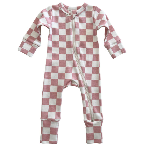 Strawberry Shortcake Checkerboard / Organic 2-Way Zip Romper