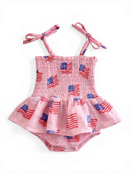 Muslin Smocked Bubble w/ Skirt, American Flag Pink