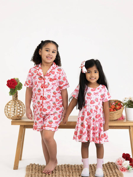 Summer Strawberry Bow Short Sleeve Dress