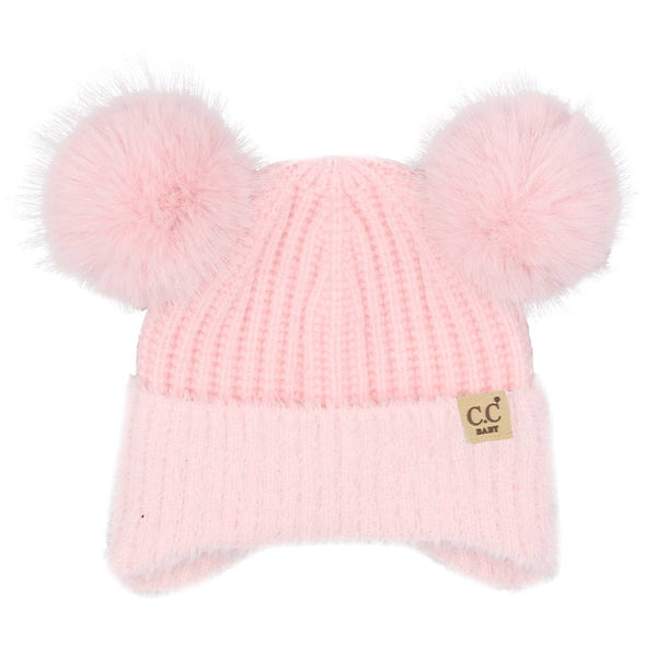 C.C Infant Double Pom Chenille Earflap Beanie - Light Pink