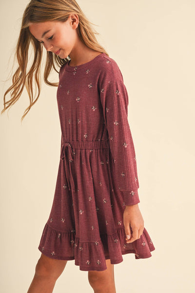 GIRLS BURGUNDY KNIT LONG SLEEVE DRESS (7-14)