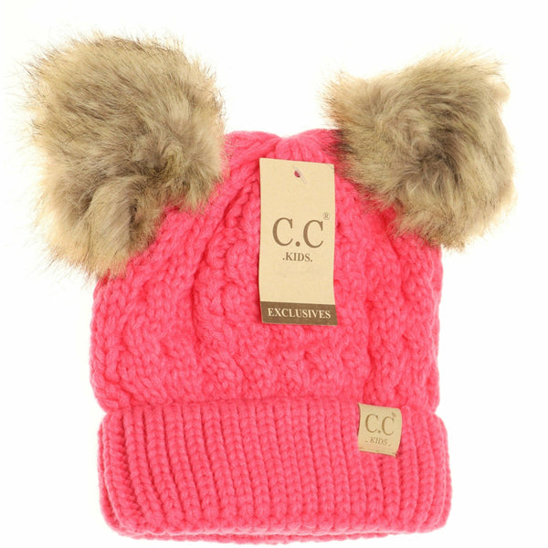 Kids' Cable Knit Double Fur Pom Beanie