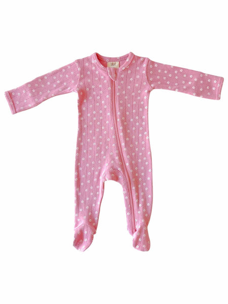 Pink Flower / Organic Pointelle 2-Way Zip Footie