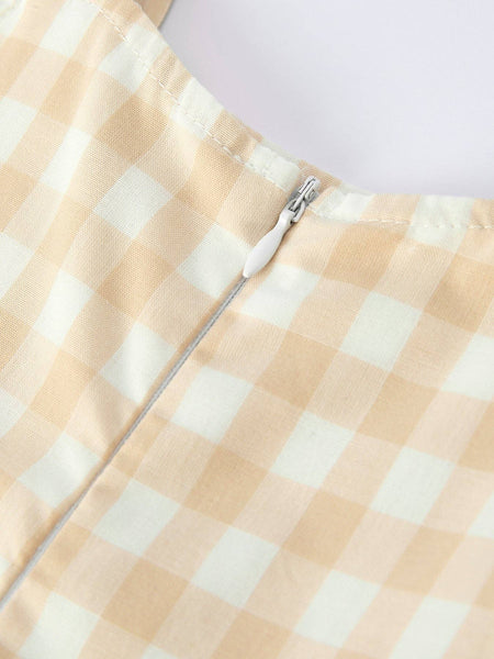 Beige Plaid Dress With Pocket