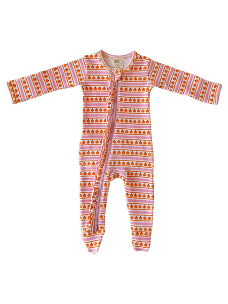 Pumpkin Stripe Pink / Organic Frill Zip Footie