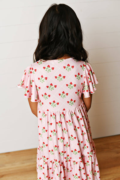 Emmy Pink Strawberry Flutter Sleeve Twirl Spring Dress