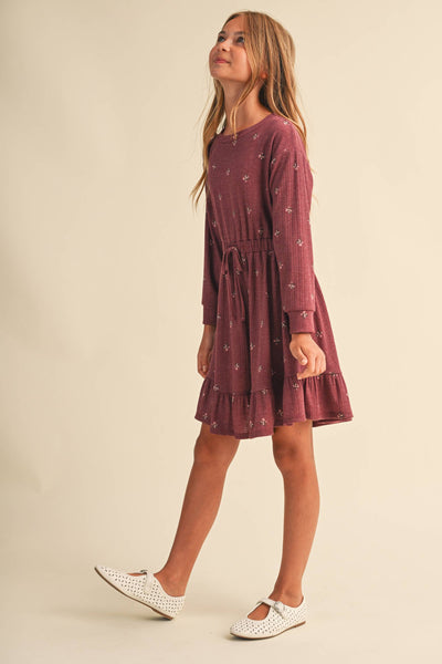 GIRLS BURGUNDY KNIT LONG SLEEVE DRESS (7-14)