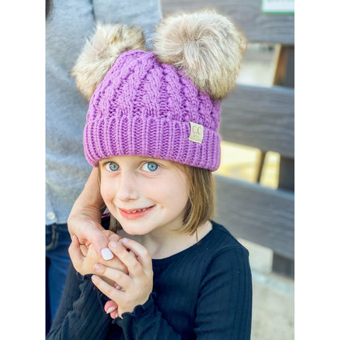 Kids' Cable Knit Double Fur Pom Beanie