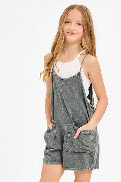 Two Pocket Mineral Wash Overall Romper / Onesie