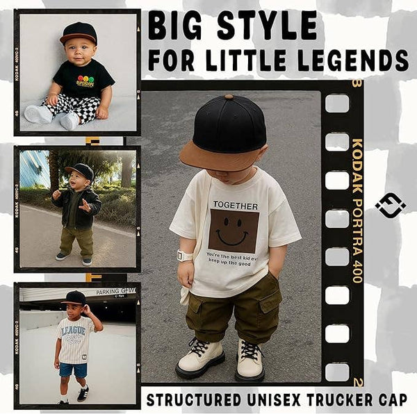 Flat Brim Trucker Hat - Black/Faux Leather Brim
