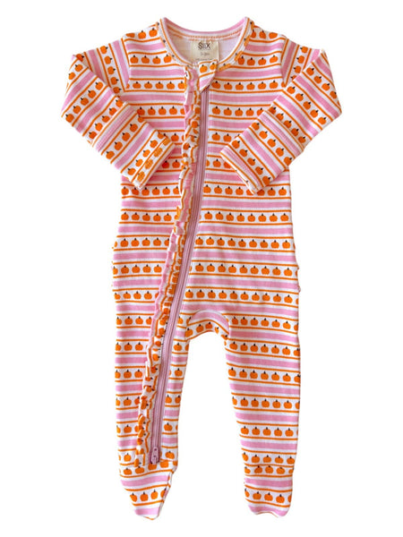 Pumpkin Stripe Pink / Organic Frill Zip Footie