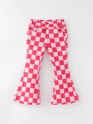 Pink Checkered Elastic Flare Jeans