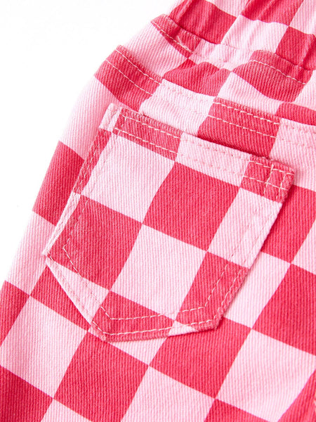 Pink Checkered Elastic Flare Jeans