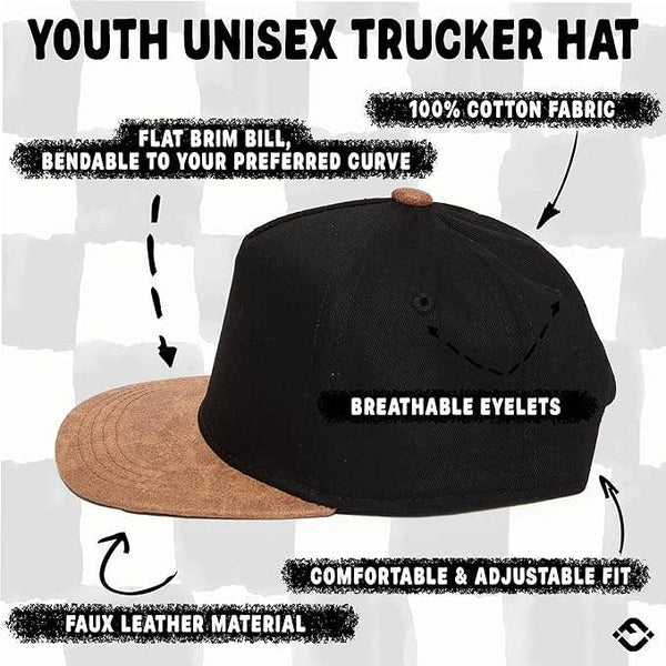 Flat Brim Trucker Hat - Black/Faux Leather Brim