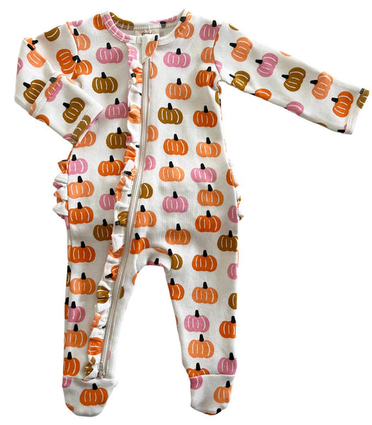 Pink Pumpkin Patch / Organic Frill Zip Footie