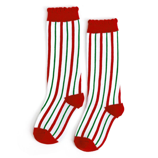 Candy Cane Striped Scalloped Knee High Socks