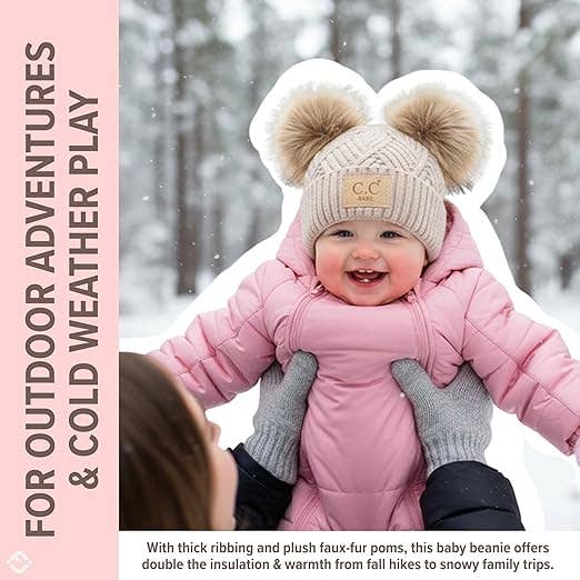 C.C Baby Double Pom Beanie (Diagonal Basketweave/Beige)