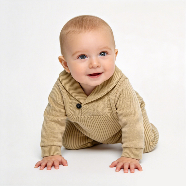 Beige Shawl Collar Knit Romper