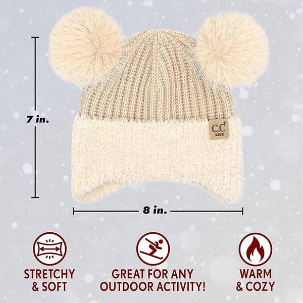 Kids Double Pom Chenille Earflap Beanie - Beige