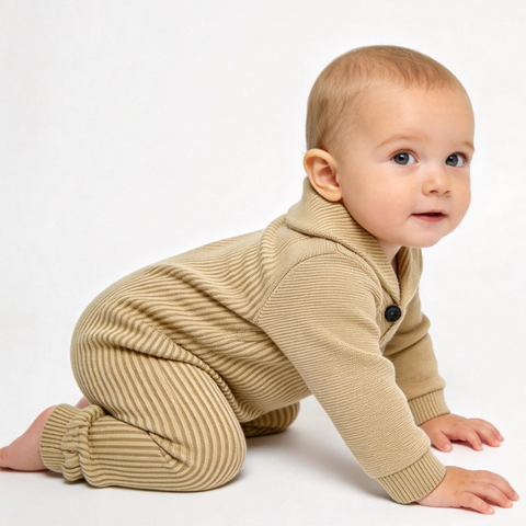 Beige Shawl Collar Knit Romper