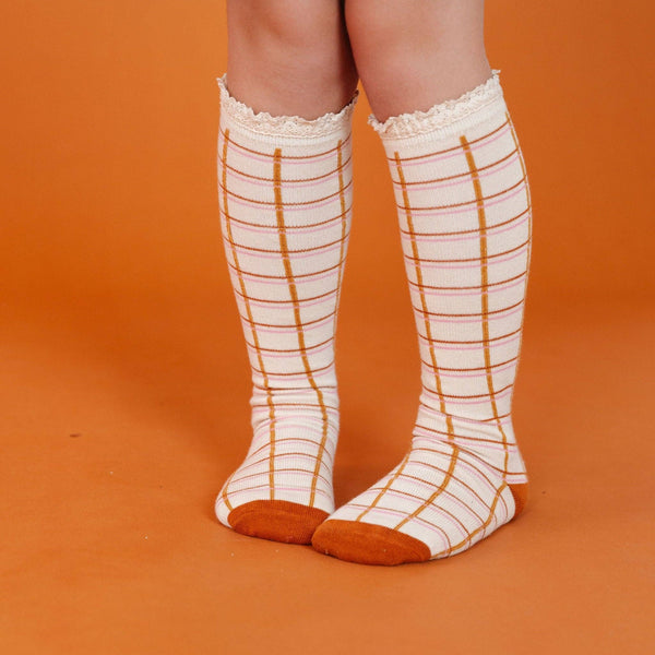 Fall Grid Lace Top Knee High Socks