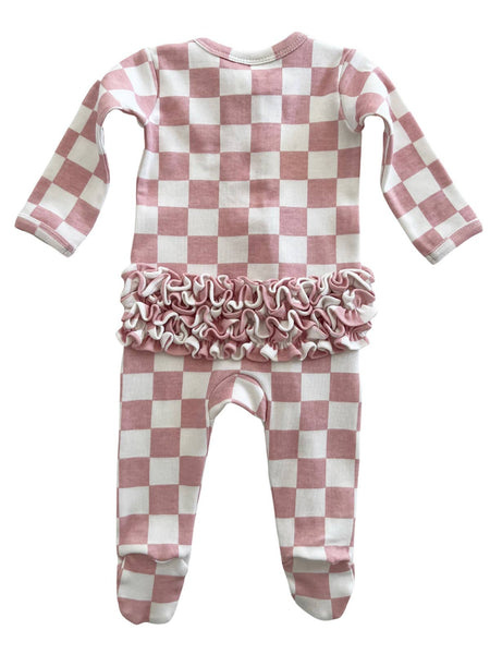 Strawberry Shortcake Checkerboard / Organic Frill Zip Footie