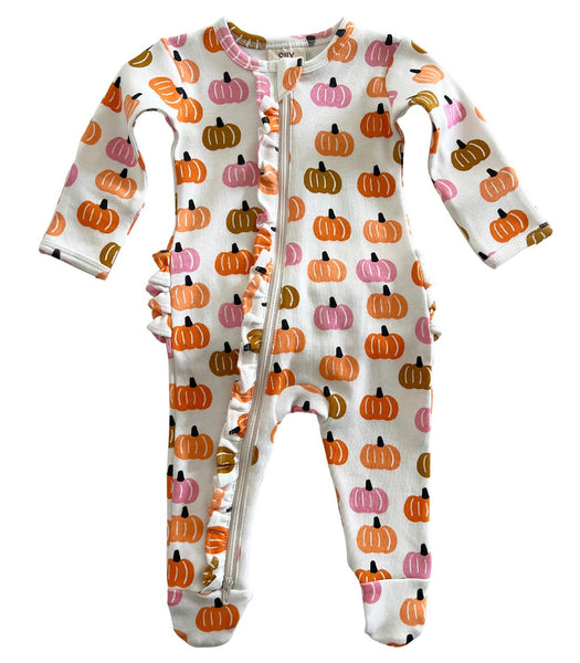 Pink Pumpkin Patch / Organic Frill Zip Footie