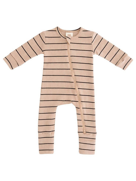Tan/Black Stripe / Ribbed 2-Way Zip Romper