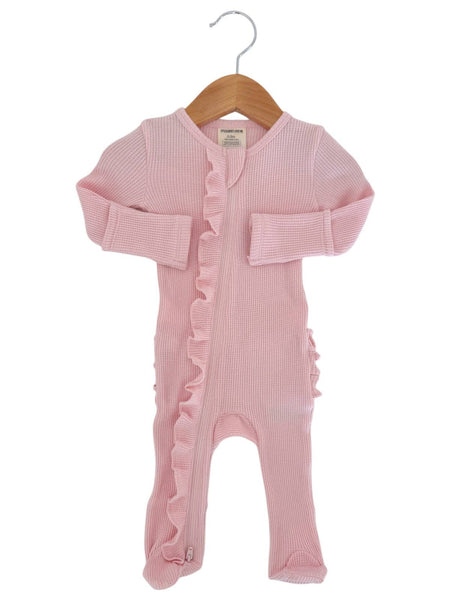 Organic Waffle 2-Way Zip Ruffle Footie, Blush