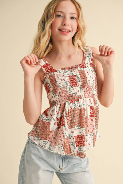 TWEEN GIRLS KIDS WIDE STRAP PEPLUM TANK WITH SMOCKED (XS-XL)