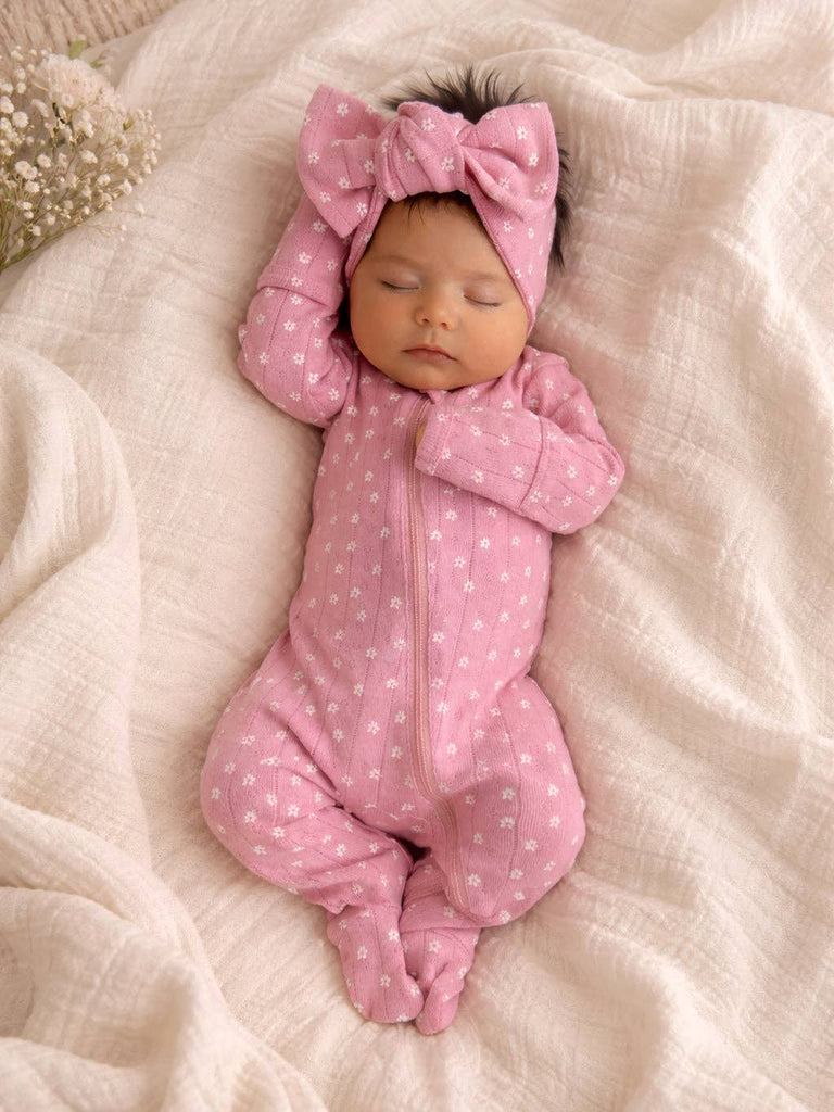 Pink Flower / Organic Pointelle 2-Way Zip Footie