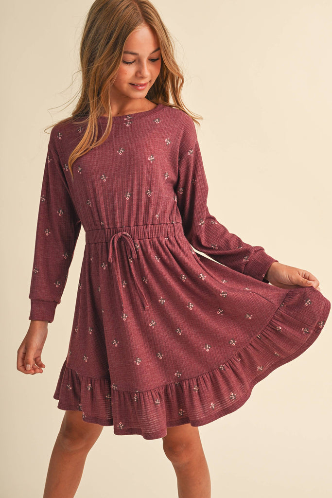 GIRLS BURGUNDY KNIT LONG SLEEVE DRESS (7-14)