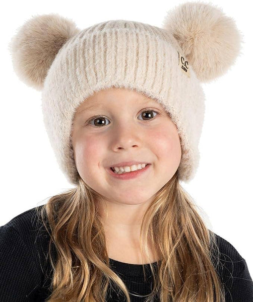 Kids Double Pom Chenille Earflap Beanie - Beige