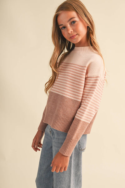 TWEEN GIRLS Blush Stripe DROP SHOULDER SWEATER  (7-14)