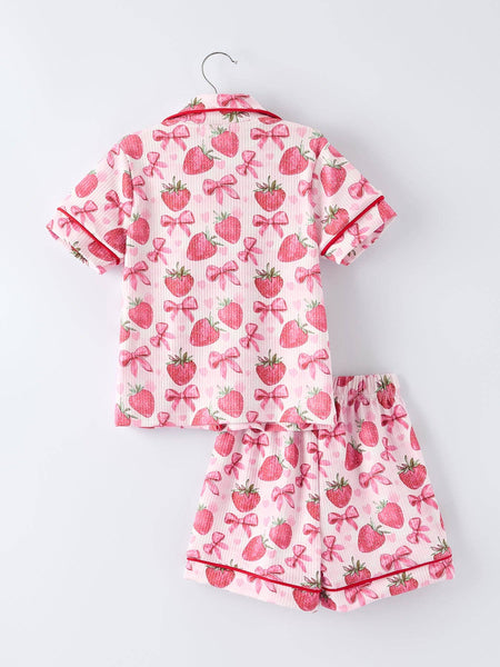 Strawberry Bow Short Sleeve + Shorts Pajama Set