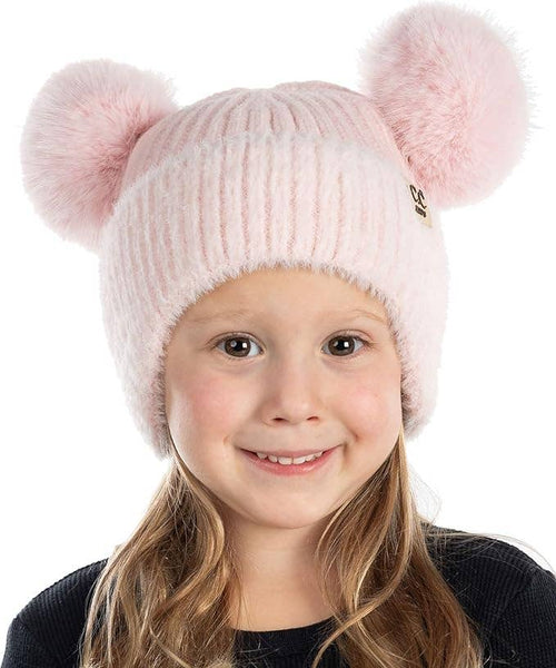 C.C Kids Double Pom Chenille Earflap Beanie - Light Pink