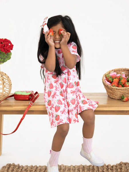 Summer Strawberry Bow Short Sleeve Dress