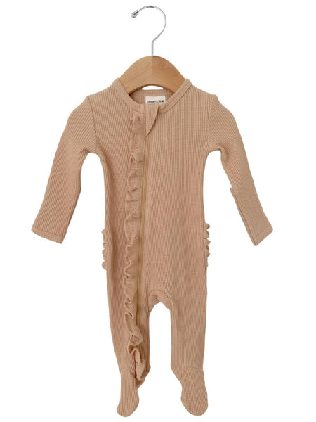 Organic Waffle 2-Way Zip Ruffle Footie, Tan