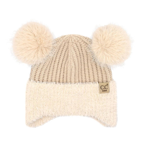 Kids Double Pom Chenille Earflap Beanie - Beige