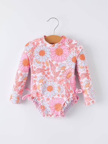 Summer Daisy Floral Girl Long Sleeve Ruffle One Piece Swimsuit