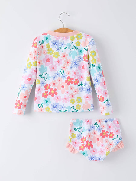 Floral Girls Long Sleeve Swim Set