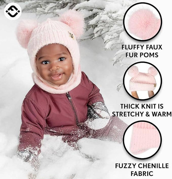 C.C Infant Double Pom Chenille Earflap Beanie - Light Pink