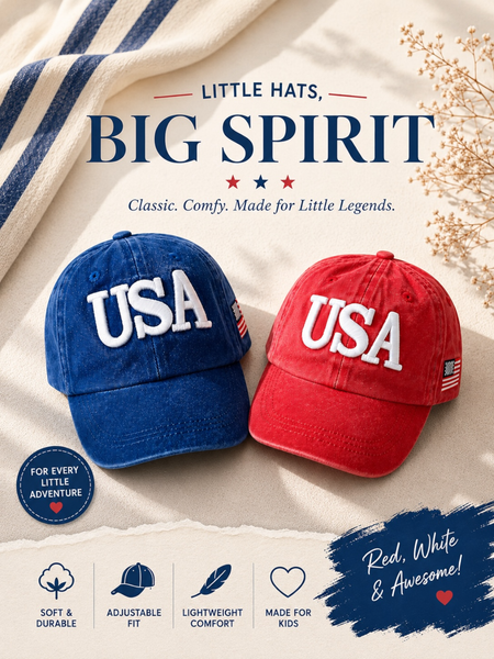 USA Kids Baseball Hat, Vintage Red